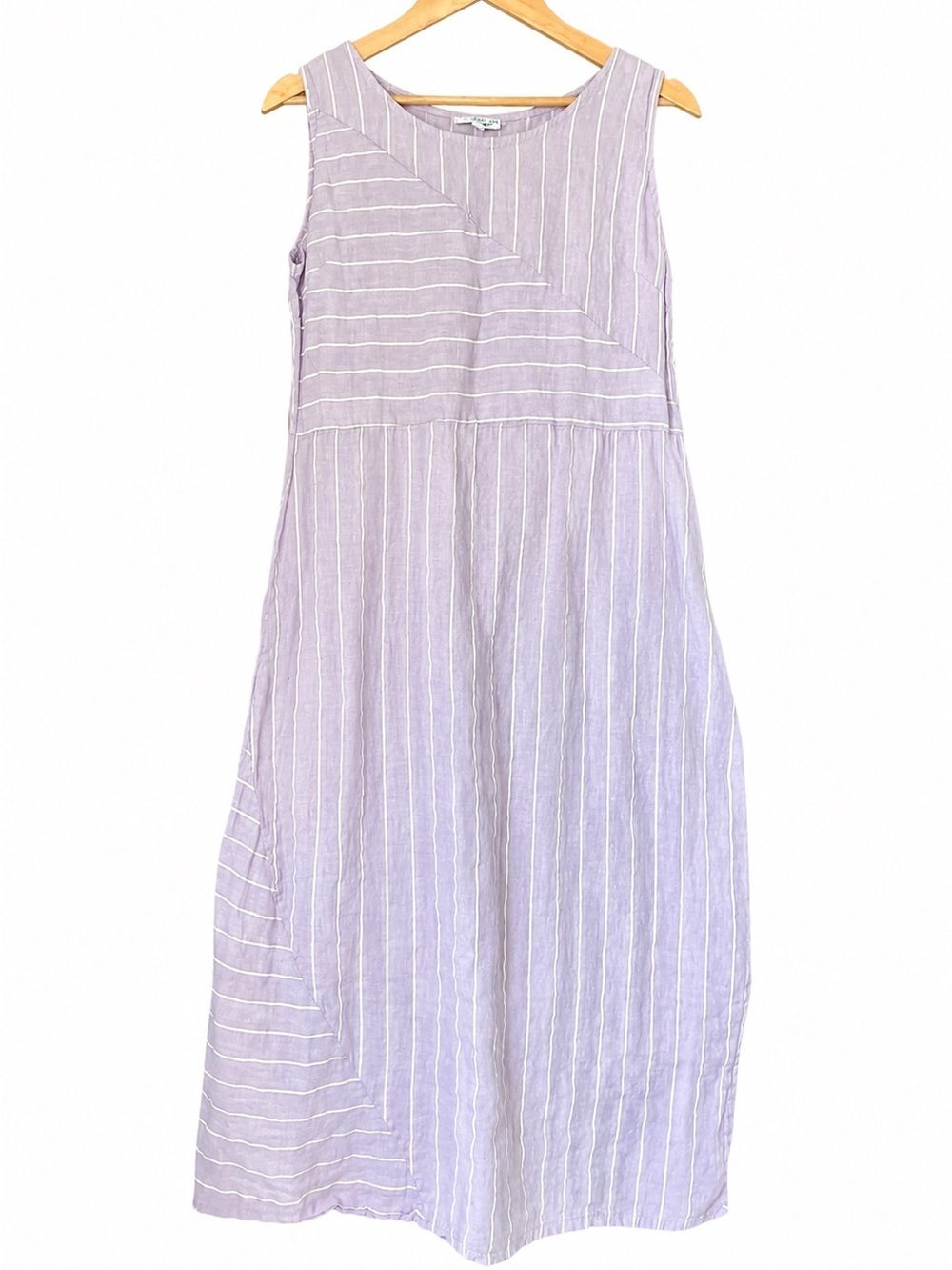 Italian 100% Linen Vanessa Zani Midi Dress w/ pockets Purple White Stripes